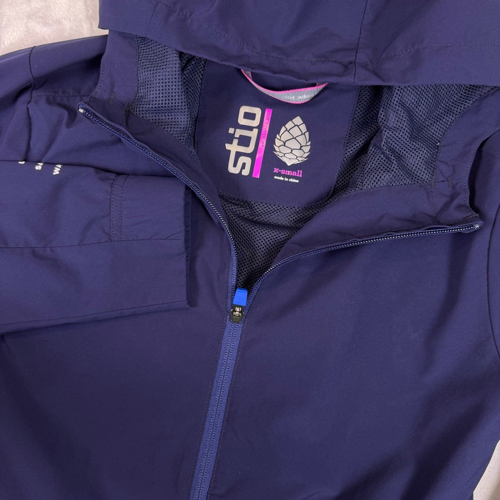 Stio Second Light Windshell Jacket Womens XS Blue Full Zip Hooded City Graphic